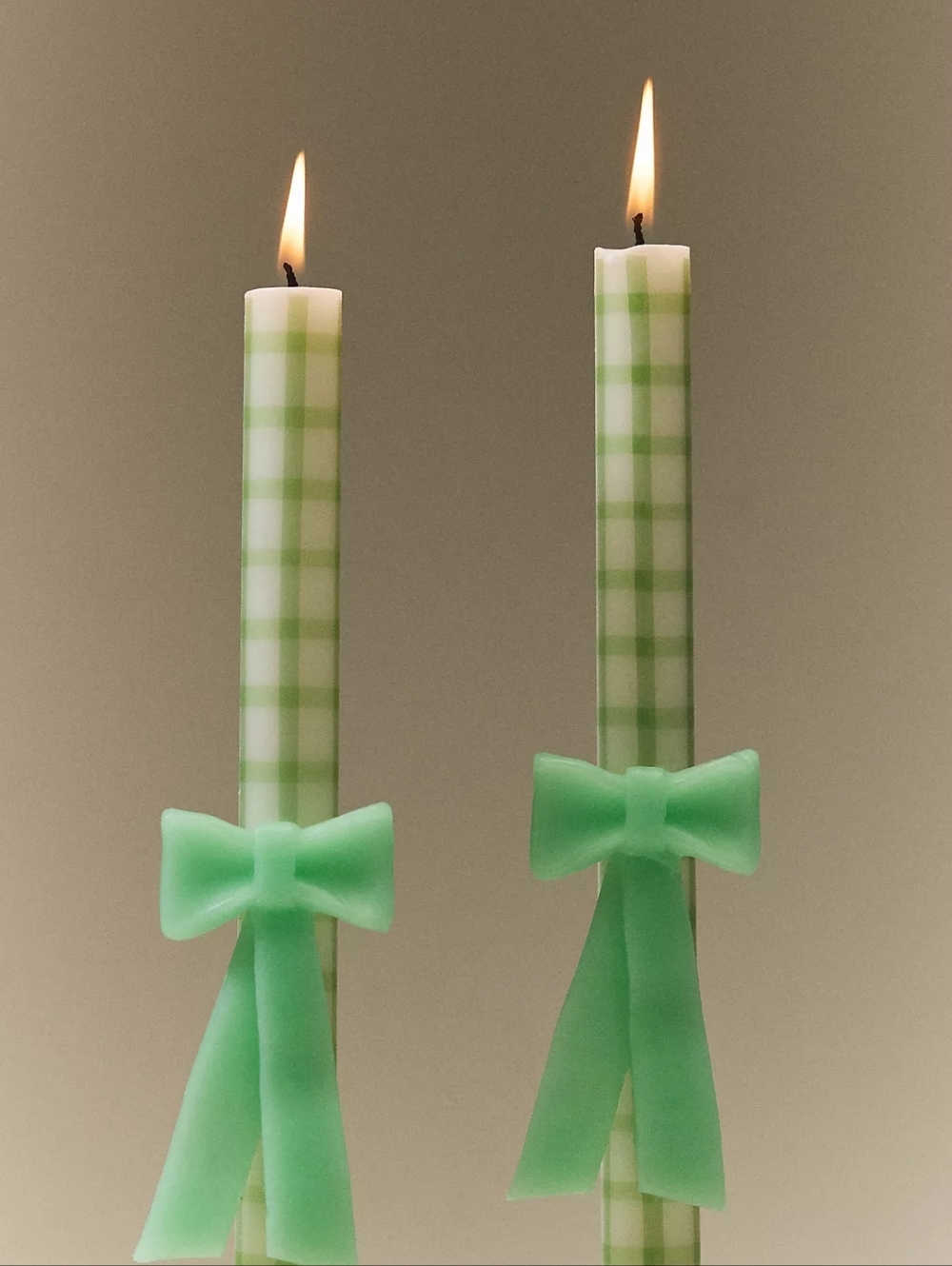Anthropologie Green Plaid Taper Candles with Bow Accent